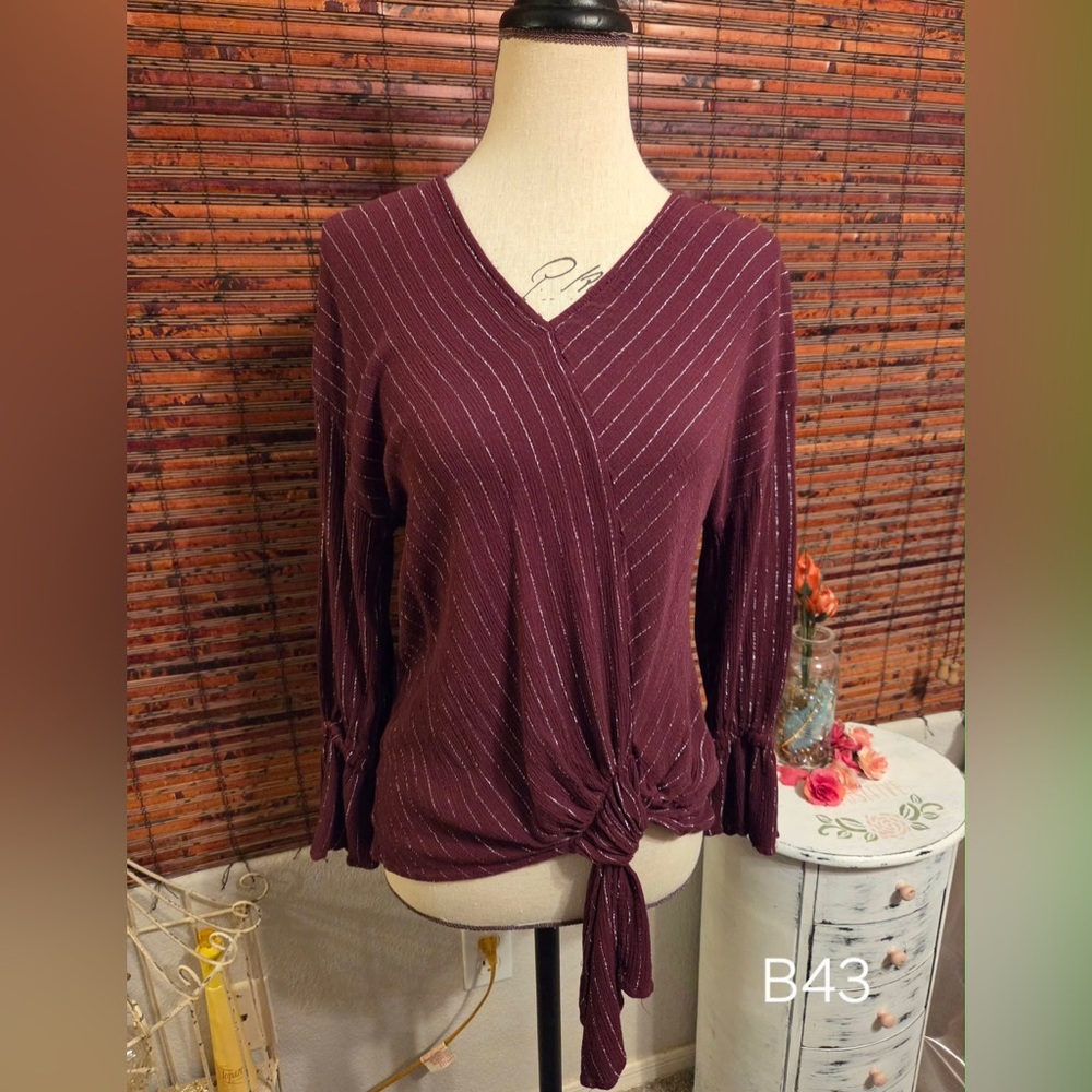 Juicy Couture Plum V-Neck Tie-Front Long Sleeve Top